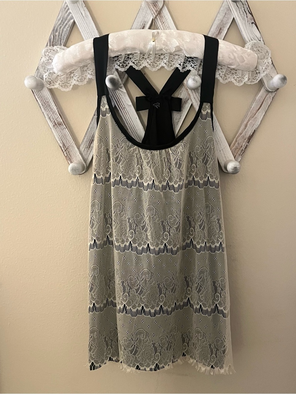 Black Racerback Tank with White Lace Overlay & Bow